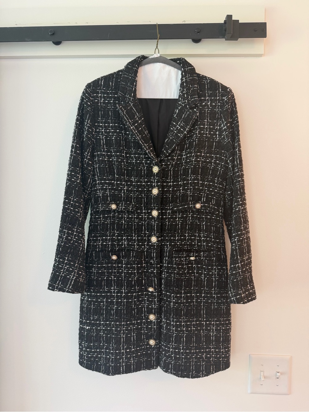 Tuckernuck Pomander Black & White Tweed Long Blazer Dress Jacket Pearl Buttons